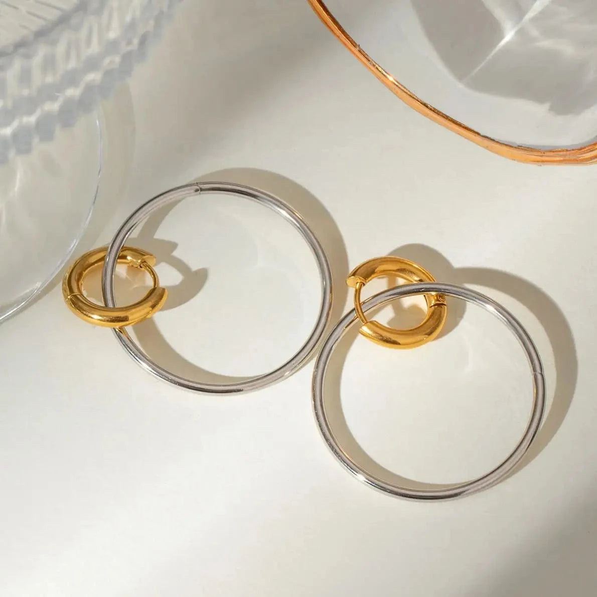TRENDY / E2458 E2458 Stainless Steel Two Tone Large 18K Gold Steel Ring Interlocking Color Matching Earrings