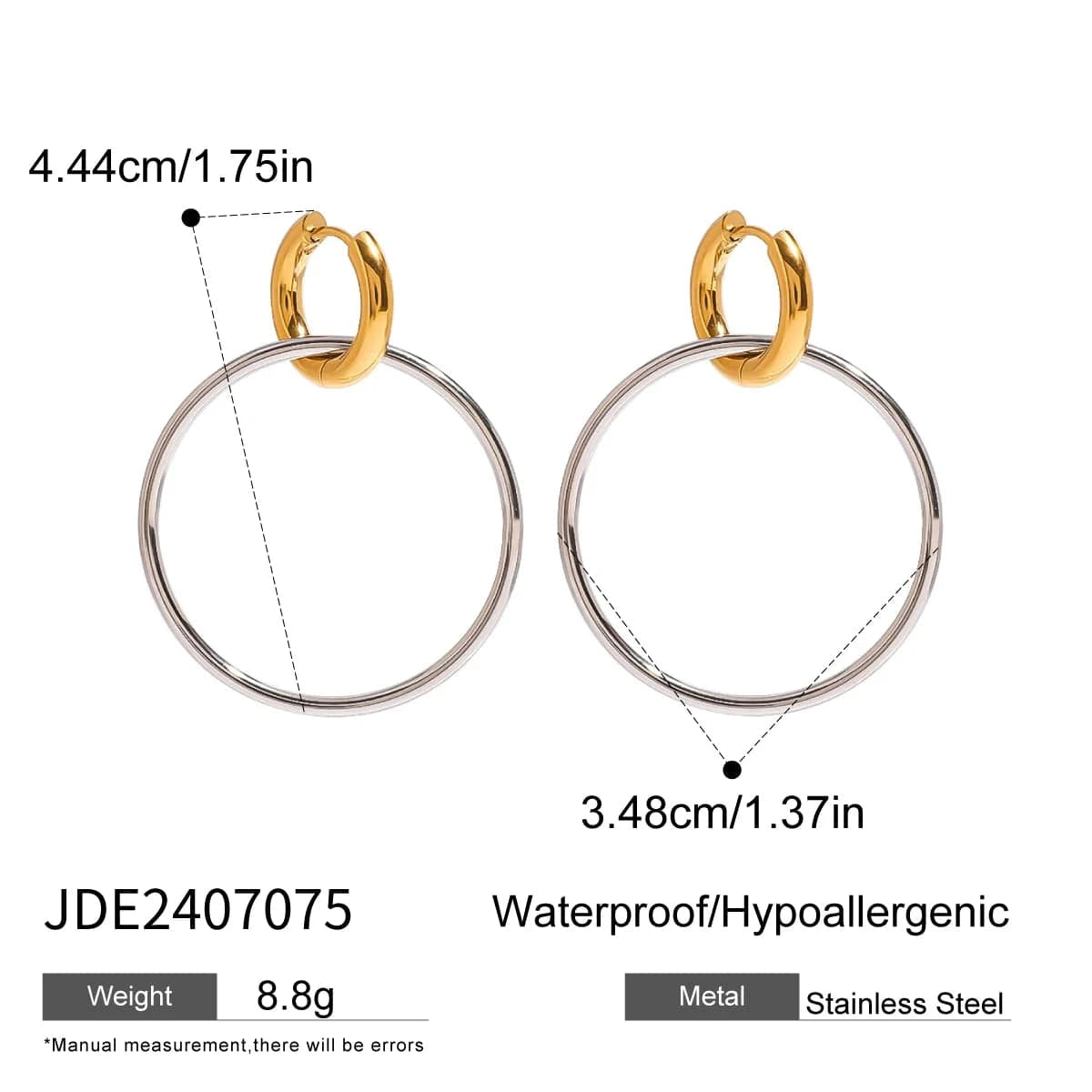 TRENDY / E2458 E2458 Stainless Steel Two Tone Large 18K Gold Steel Ring Interlocking Color Matching Earrings
