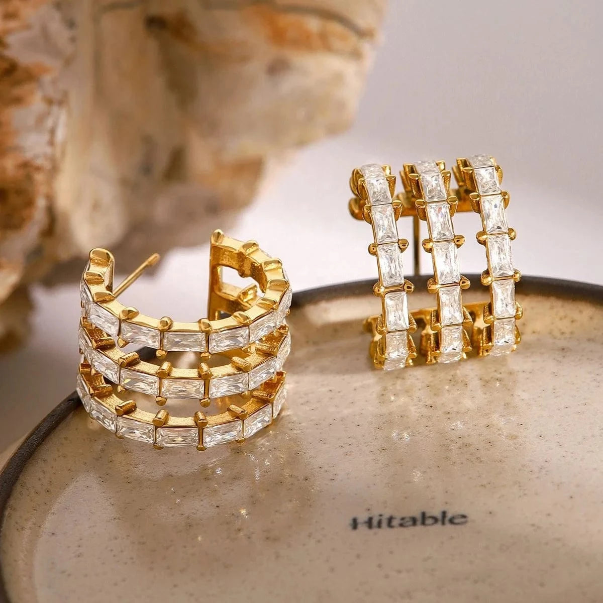 Trendy / E2521 E2521 Luxury Delicate Stainless Steel 18K Gold Layered C-shaped White Rectangular Zircon Earrings
