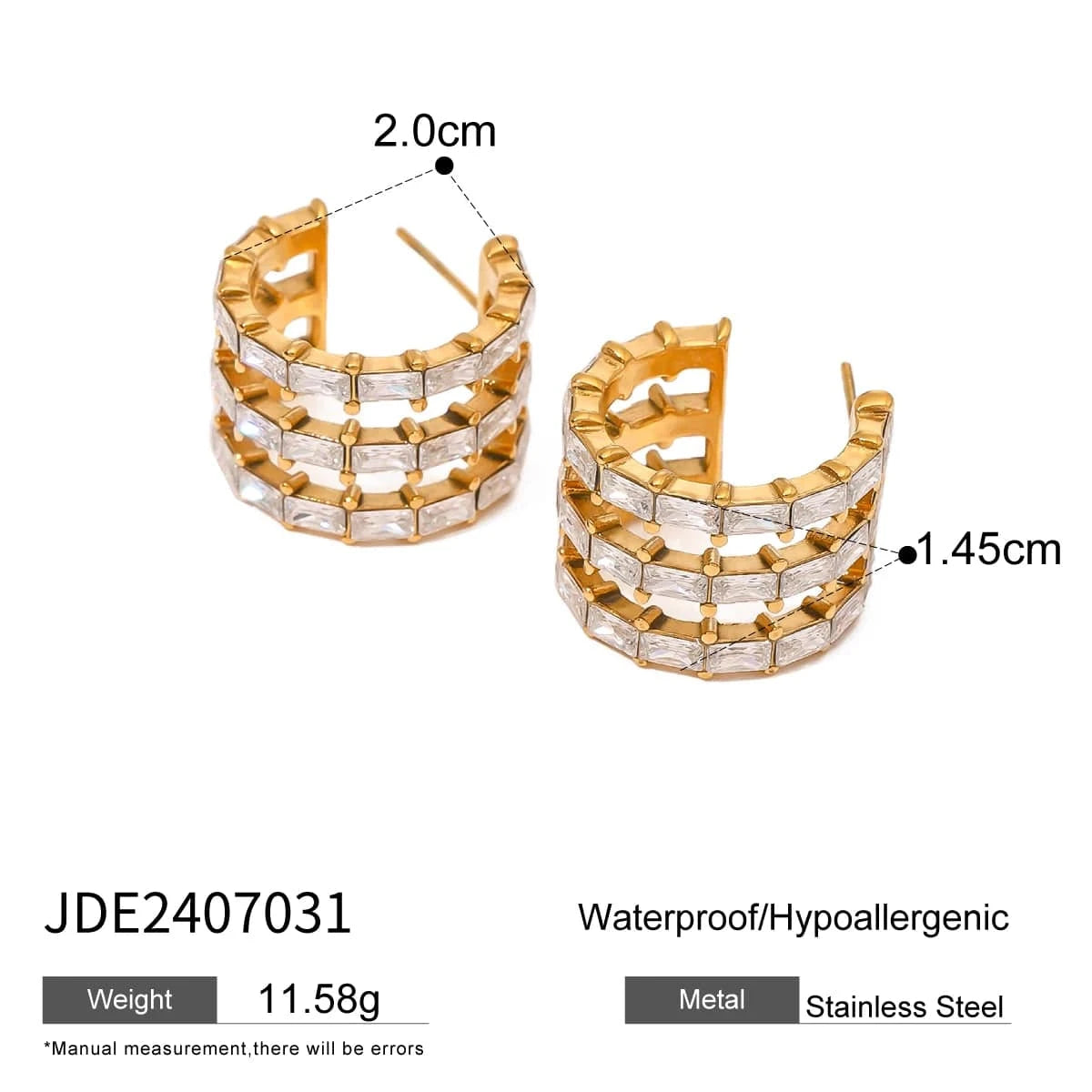 Trendy / E2521 E2521 Luxury Delicate Stainless Steel 18K Gold Layered C-shaped White Rectangular Zircon Earrings