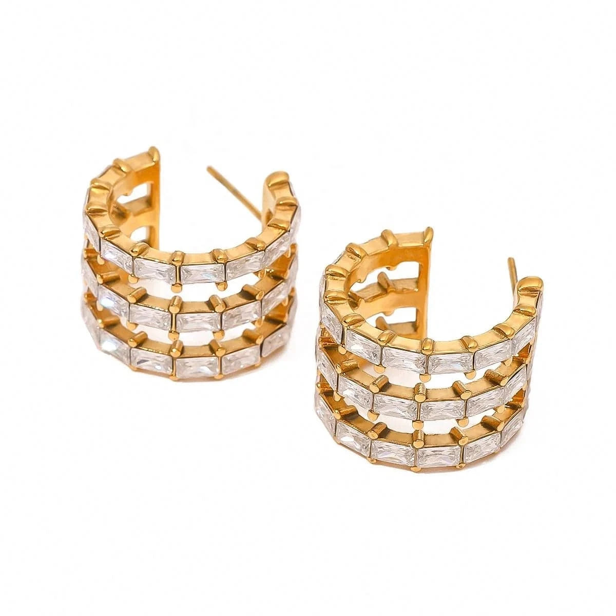 Trendy / E2521 E2521 Luxury Delicate Stainless Steel 18K Gold Layered C-shaped White Rectangular Zircon Earrings