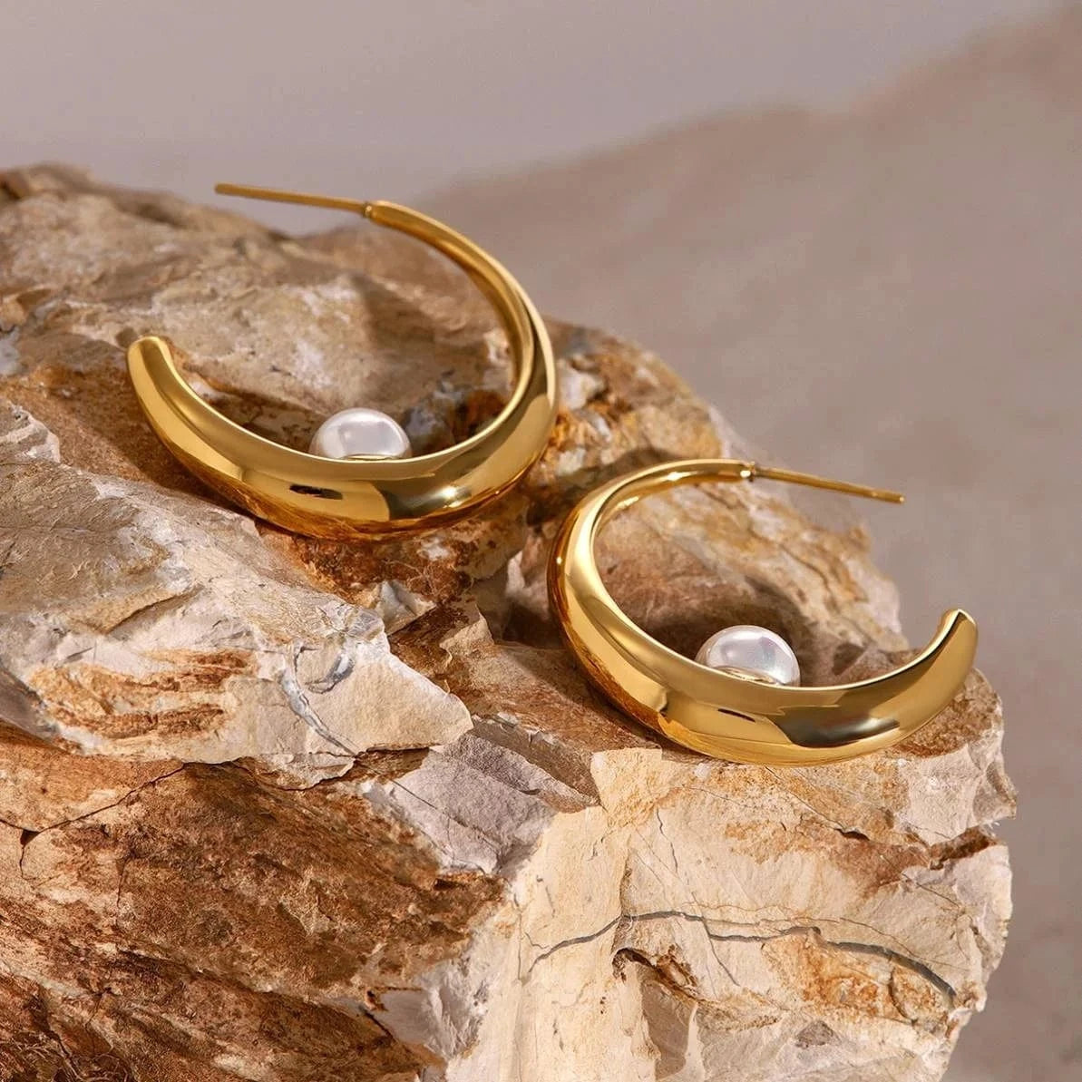 Trendy / E2522 E2522 Low Key Luxury Stainless Steel 18K Gold Plated Earrings CC Polished Earrings With Shell Pearl