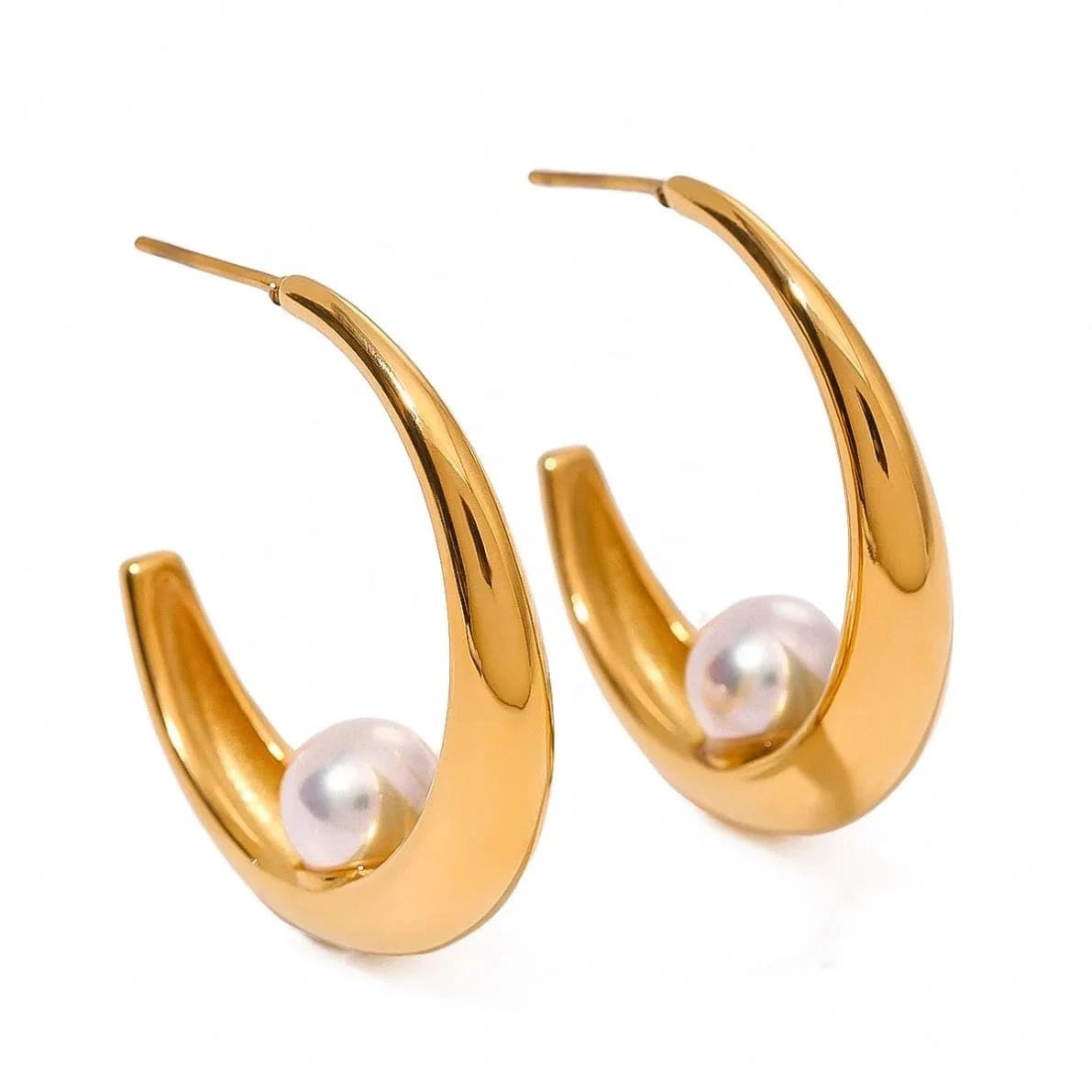 Trendy / E2522 E2522 Low Key Luxury Stainless Steel 18K Gold Plated Earrings CC Polished Earrings With Shell Pearl