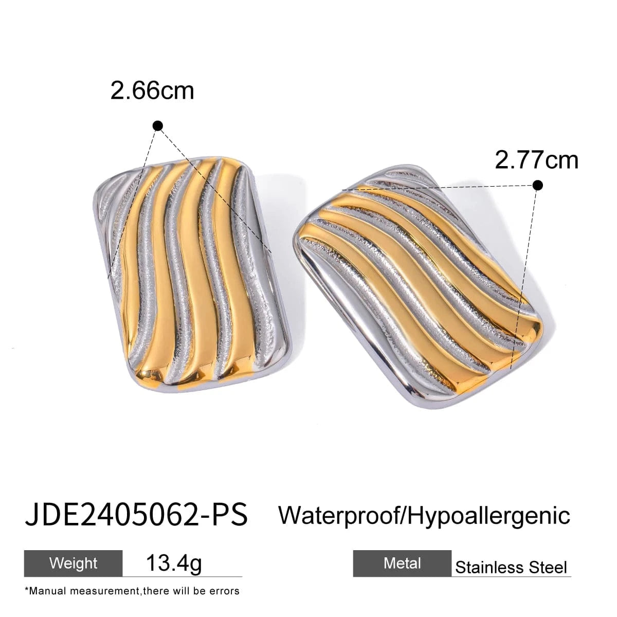 Trendy / E2569GS E2569 Jewelry Rectangular Two-tones Ribbing Earring 18k PVD Stainless steel Gold Plated Daily Wearing Earring