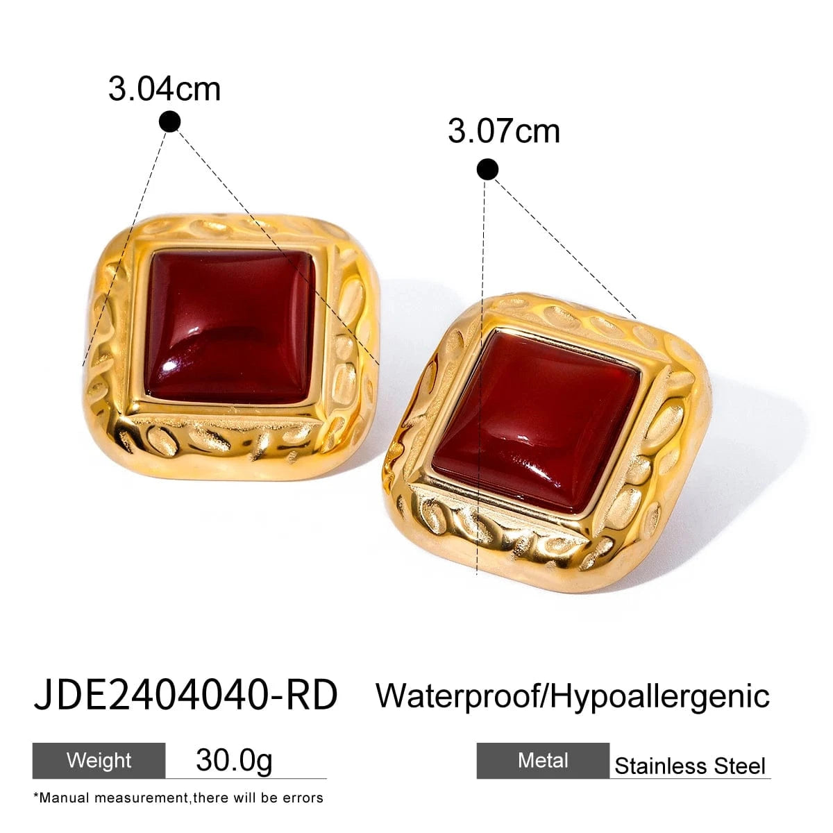TRENDY / E2679-2 E2679 Jewelry Red Black Agate Drop Earring 18K PVD Gold Plated Stainless Steel Semi Texture Stone Earring