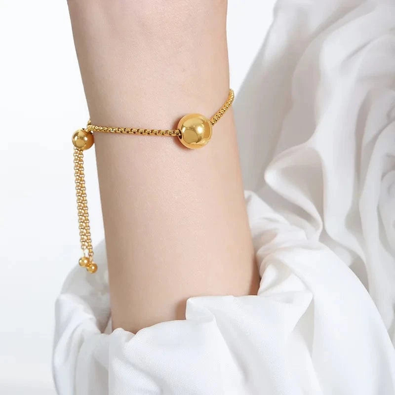 TRENDY / E475 Gold Color Bracelets Fashion Steel Bead Pendant Box Chain Stainless Steel 18K Gold Plated Jewelry Set