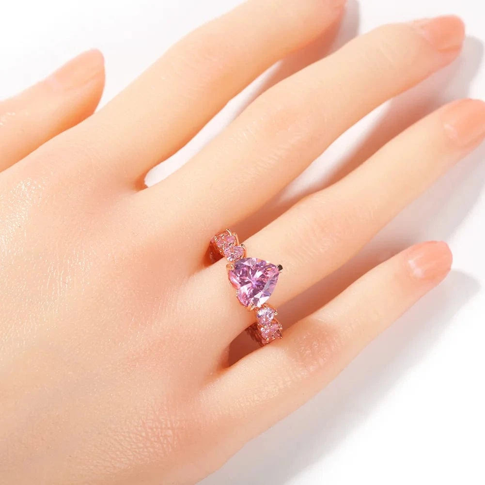 Trendy Gold Crystal Pink Wedding Ring Couples Exquisite Promise Jewelry Heart Cut Zircon Flower Fashionable Parties Unisex