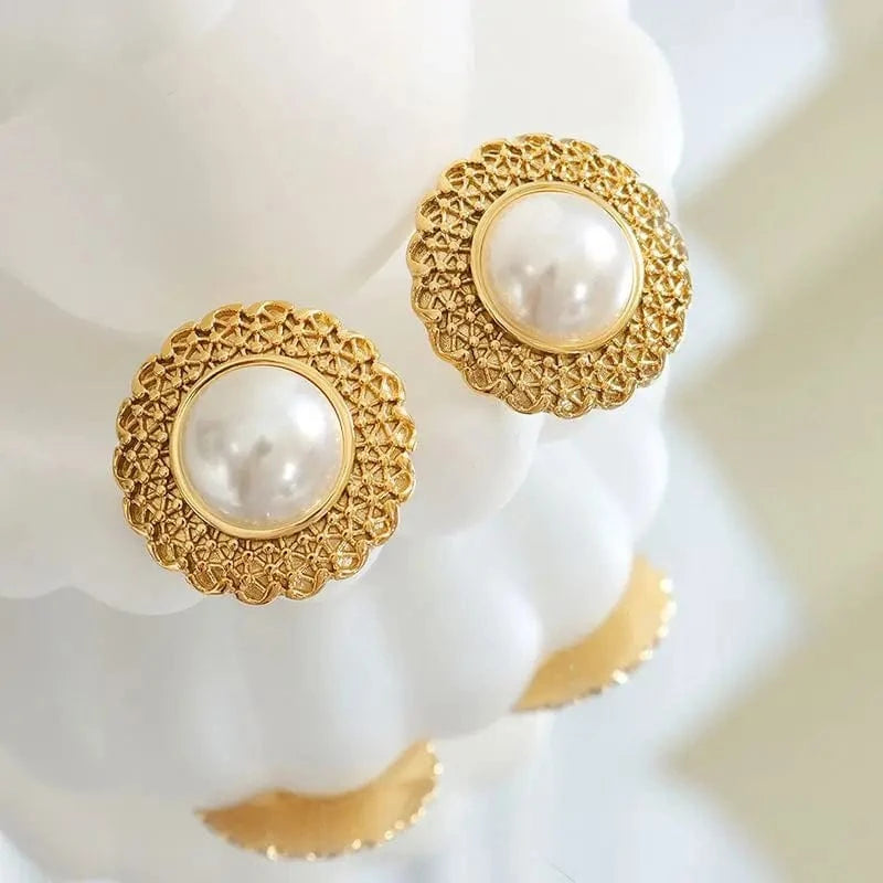 Trendy / Gold Maronew Baroque Pearl Earrings Stainless Steel Necklace Set Straw Hat Flowers Statement Fashion Jewelry 18K Gold Plated