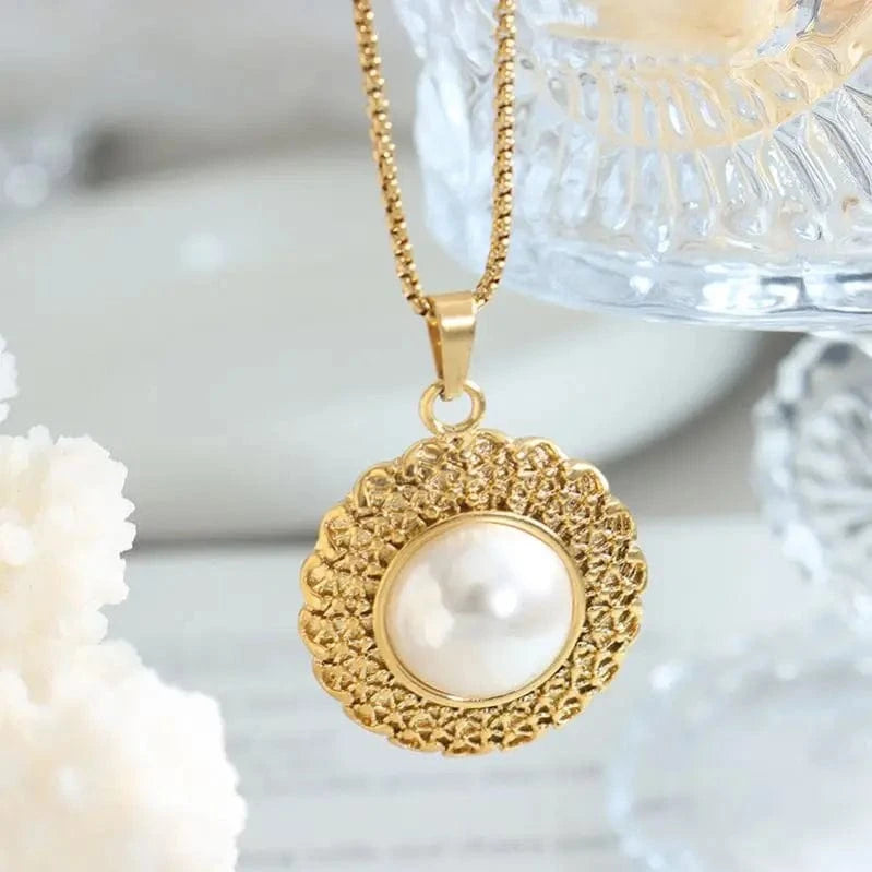 Trendy / Gold Maronew Baroque Pearl Earrings Stainless Steel Necklace Set Straw Hat Flowers Statement Fashion Jewelry 18K Gold Plated