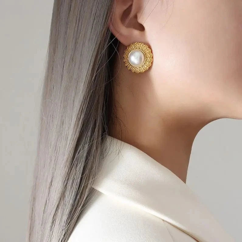Trendy / Gold Maronew Baroque Pearl Earrings Stainless Steel Necklace Set Straw Hat Flowers Statement Fashion Jewelry 18K Gold Plated