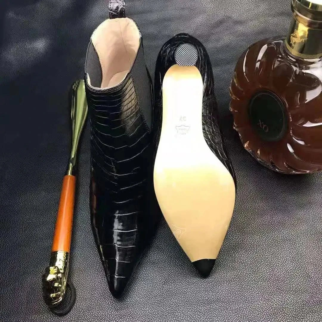 Trendy Luxury Women High Heels Handmade Crocodile Leather Ankle Boots Ladies Stilettos Shoes New Styles