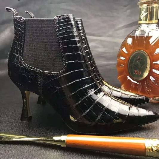 Trendy Luxury Women High Heels Handmade Crocodile Leather Ankle Boots Ladies Stilettos Shoes New Styles