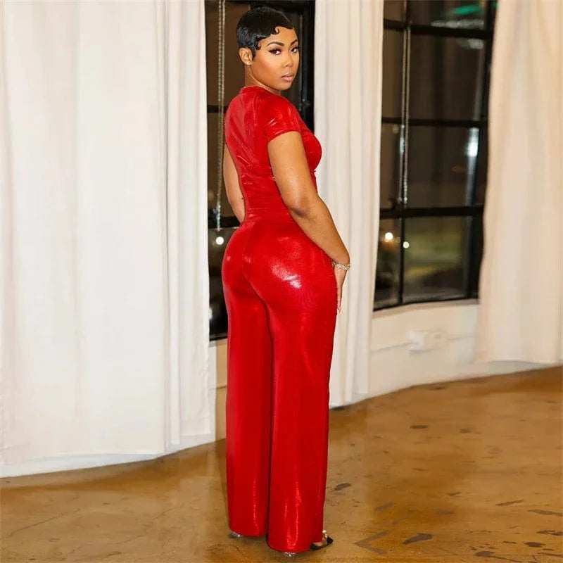 Trendy Metallic New in Matching Sets Woman 2 Piece Set Outfit Rave Club Party Short Sleeve T-shirt Top and Wide Leg Pants Set