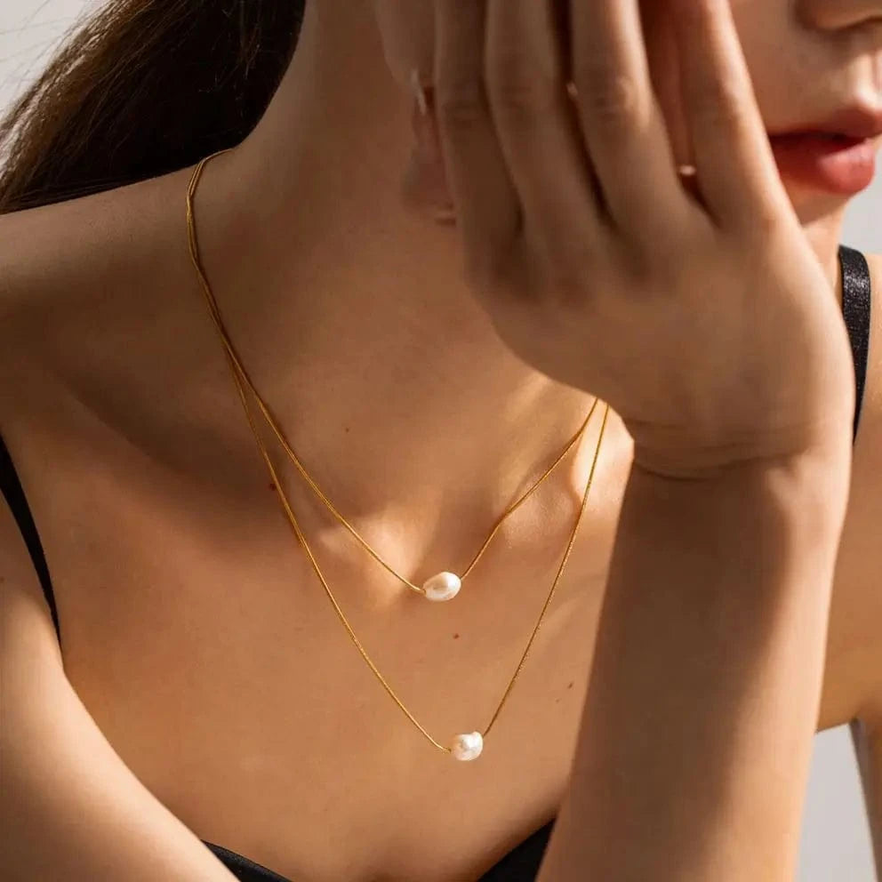 Trendy / N2226 N2226 Elegant 18k Gold Plated Double Layered Freshwater Pearl Stainless Steel Pendant Necklace for Women