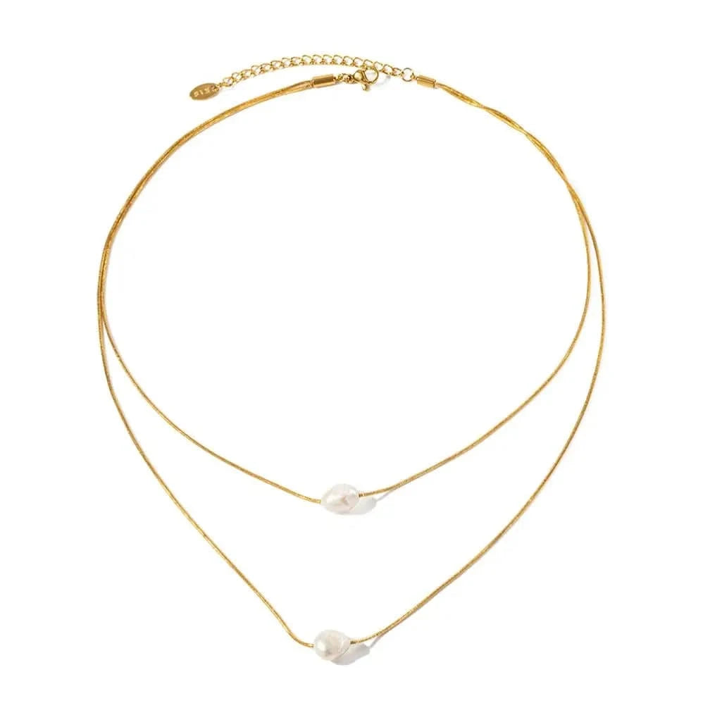 Trendy / N2226 N2226 Elegant 18k Gold Plated Double Layered Freshwater Pearl Stainless Steel Pendant Necklace for Women