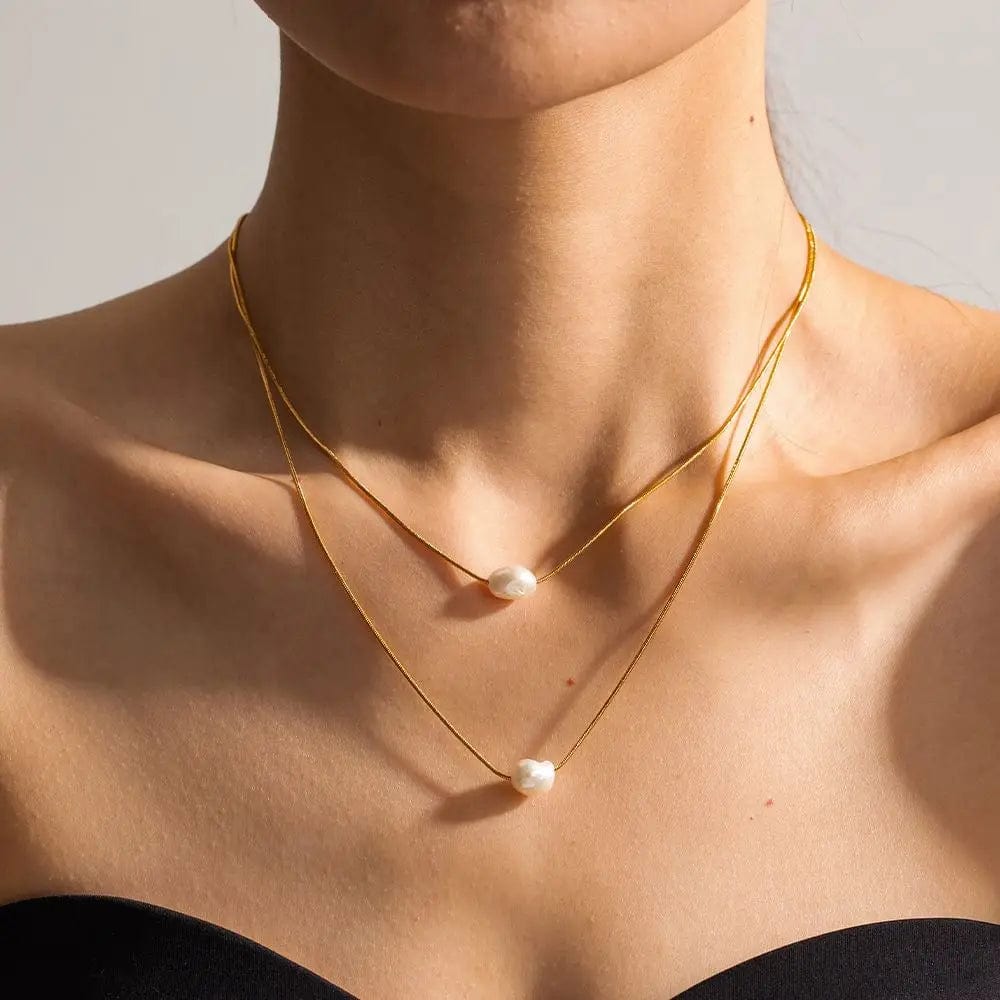 Trendy / N2226 N2226 Elegant 18k Gold Plated Double Layered Freshwater Pearl Stainless Steel Pendant Necklace for Women