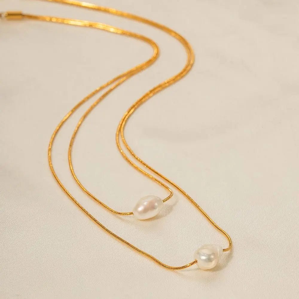 Trendy / N2226 N2226 Elegant 18k Gold Plated Double Layered Freshwater Pearl Stainless Steel Pendant Necklace for Women