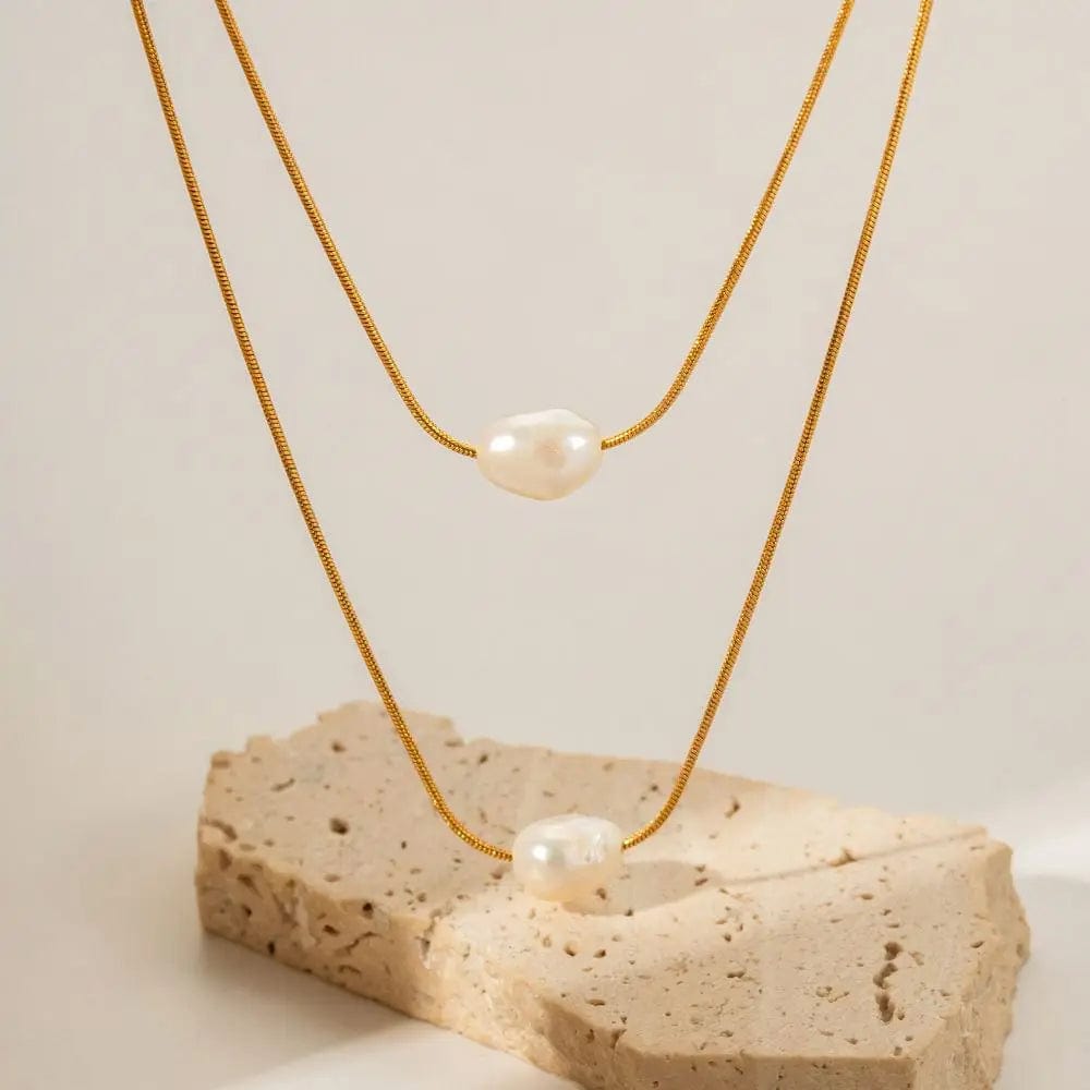 Trendy / N2226 N2226 Elegant 18k Gold Plated Double Layered Freshwater Pearl Stainless Steel Pendant Necklace for Women