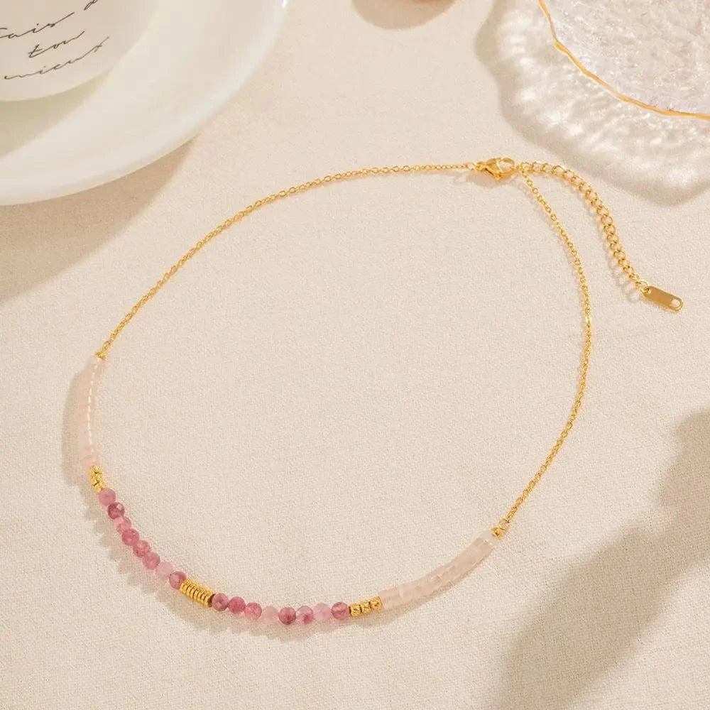trendy / N2243 N2243 Ins Popular Bohemian 18K Gold Plated Pink Cristal Chain Gemstone Beaded Pendant Necklace for Girls