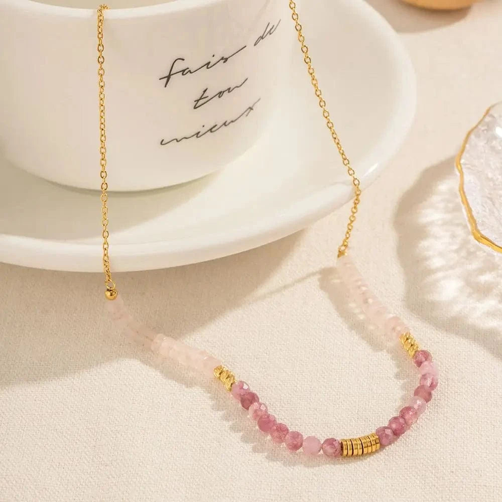 trendy / N2243 N2243 Ins Popular Bohemian 18K Gold Plated Pink Cristal Chain Gemstone Beaded Pendant Necklace for Girls