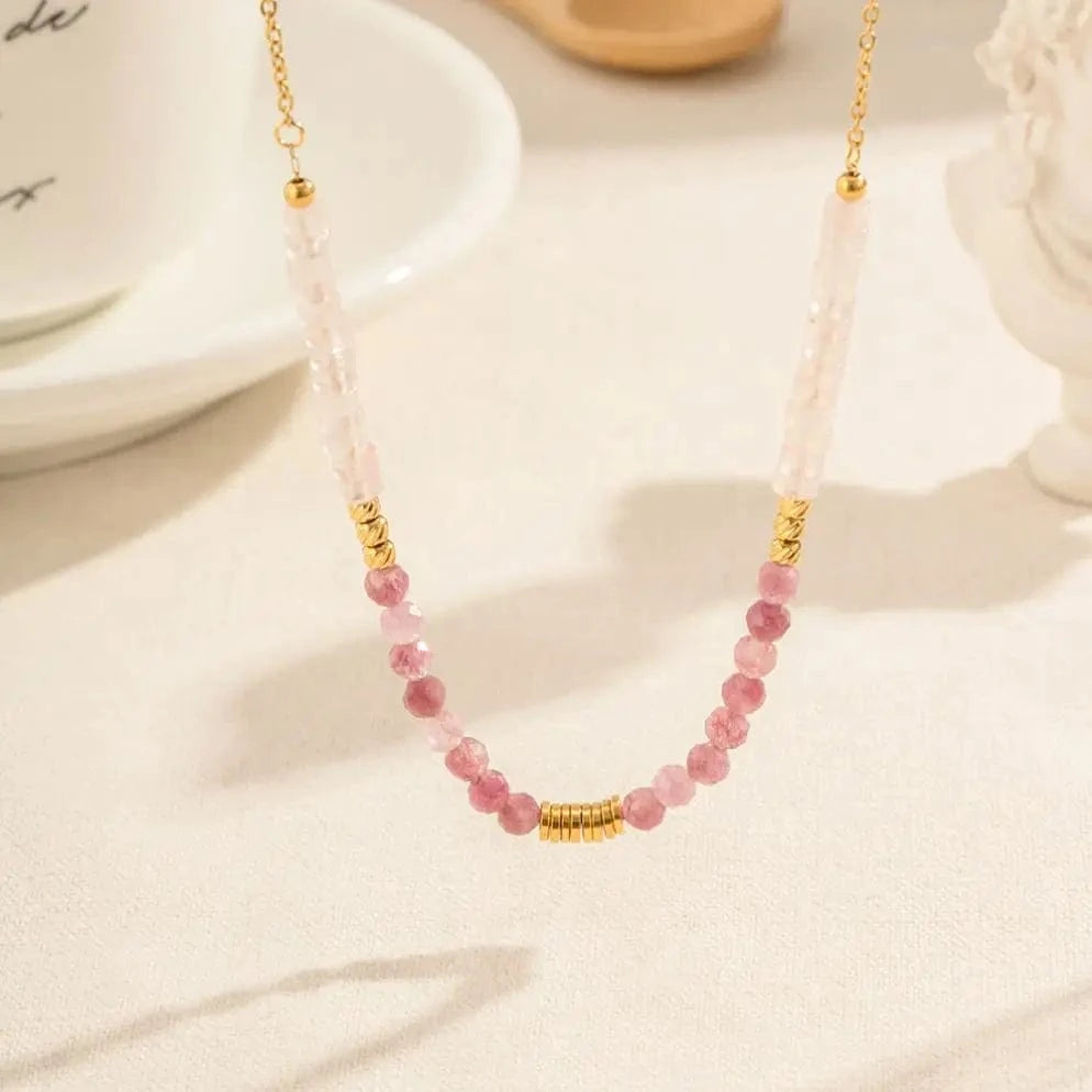 trendy / N2243 N2243 Ins Popular Bohemian 18K Gold Plated Pink Cristal Chain Gemstone Beaded Pendant Necklace for Girls