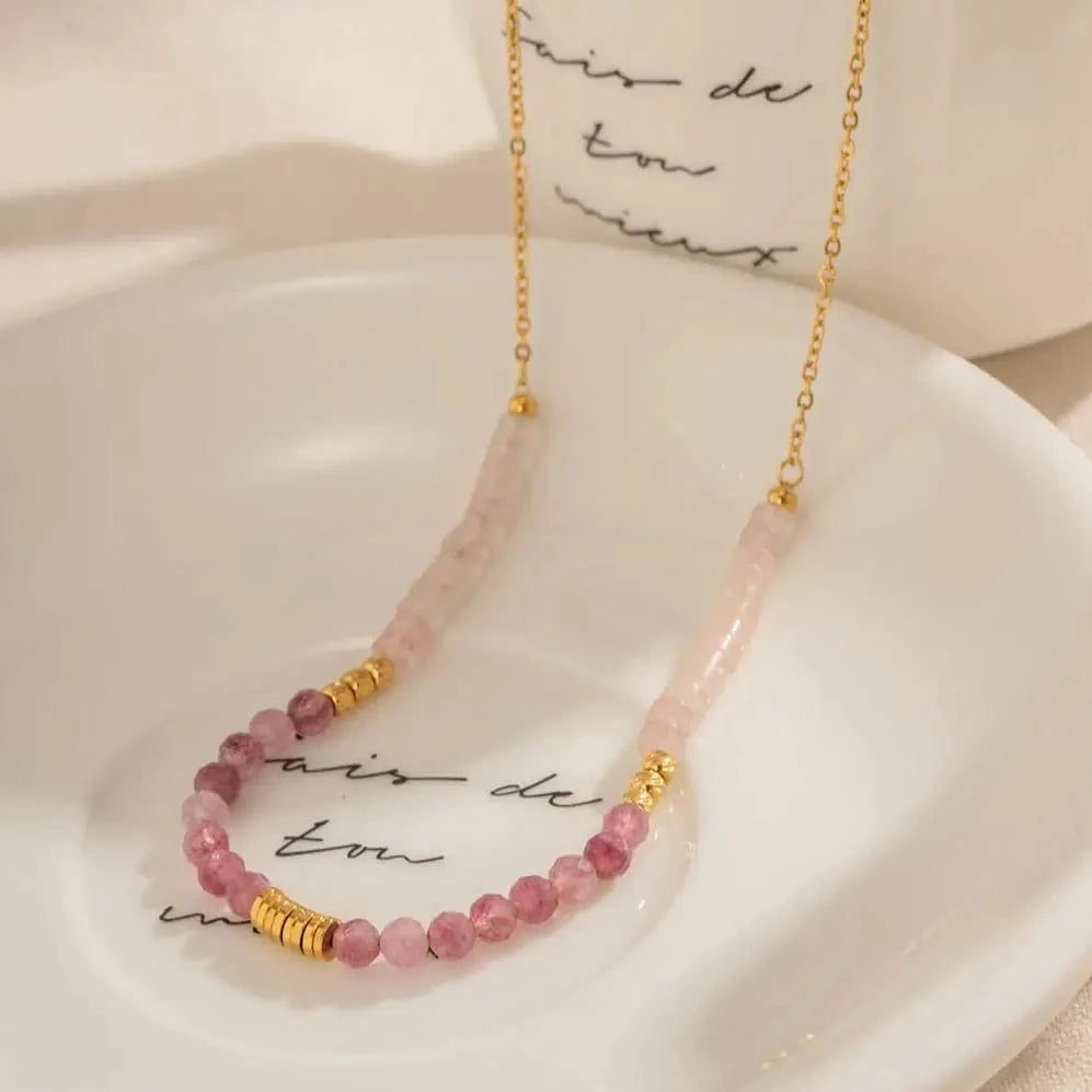 trendy / N2243 N2243 Ins Popular Bohemian 18K Gold Plated Pink Cristal Chain Gemstone Beaded Pendant Necklace for Girls