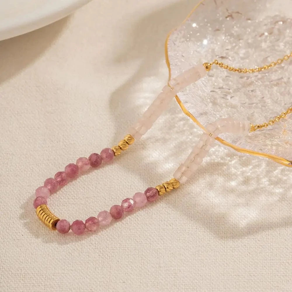 trendy / N2243 N2243 Ins Popular Bohemian 18K Gold Plated Pink Cristal Chain Gemstone Beaded Pendant Necklace for Girls