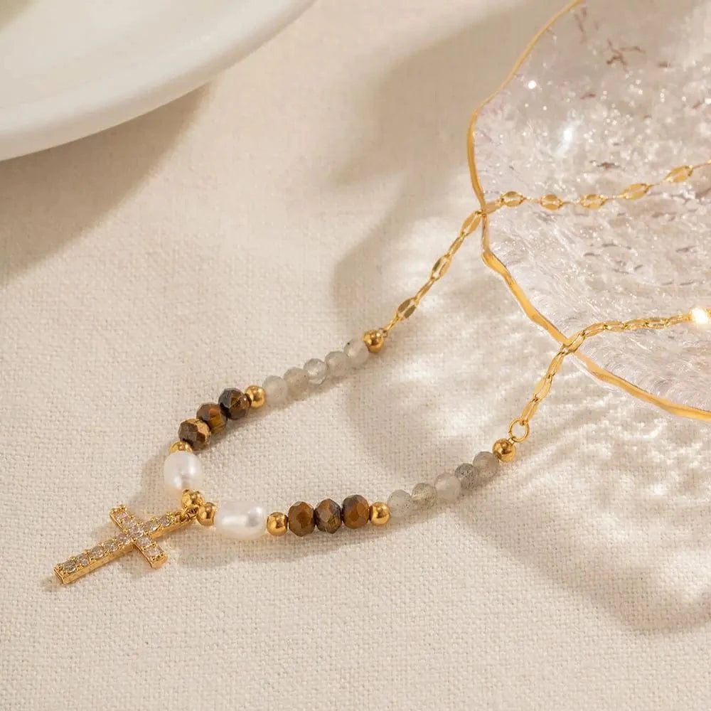 trendy / N2244 N2244 Ins Bohemian 18K Gold Plated Gemstone  Fresh Water Pearl Zirconia Cross Beaded Pendant Necklace for Girls