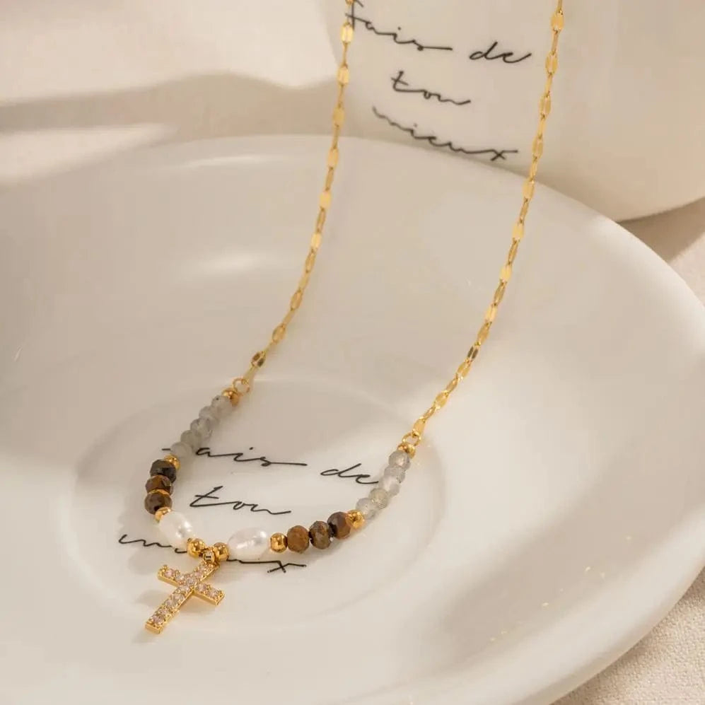 trendy / N2244 N2244 Ins Bohemian 18K Gold Plated Gemstone  Fresh Water Pearl Zirconia Cross Beaded Pendant Necklace for Girls