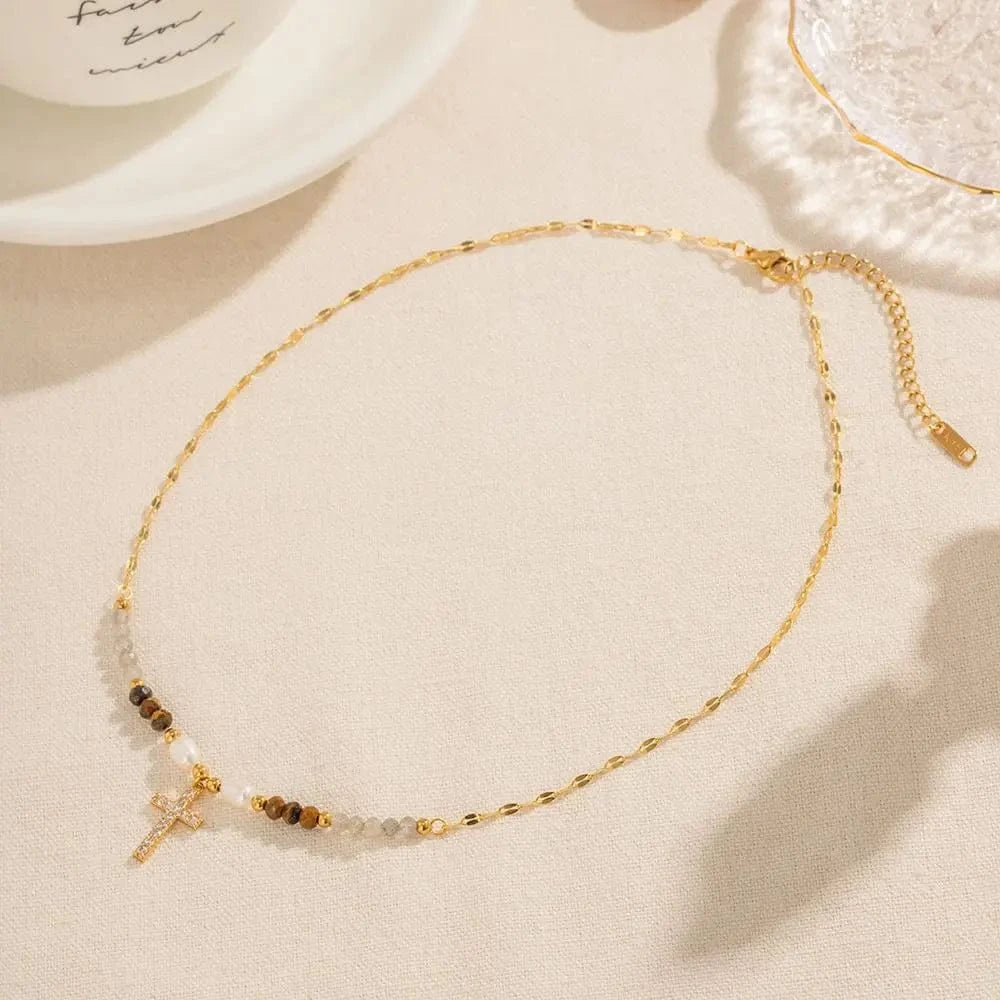 trendy / N2244 N2244 Ins Bohemian 18K Gold Plated Gemstone  Fresh Water Pearl Zirconia Cross Beaded Pendant Necklace for Girls