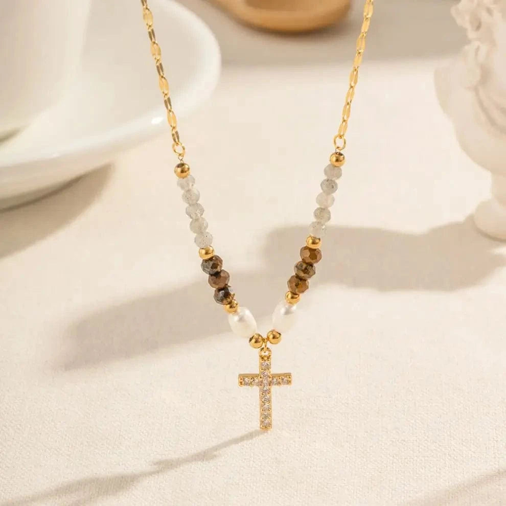 trendy / N2244 N2244 Ins Bohemian 18K Gold Plated Gemstone  Fresh Water Pearl Zirconia Cross Beaded Pendant Necklace for Girls
