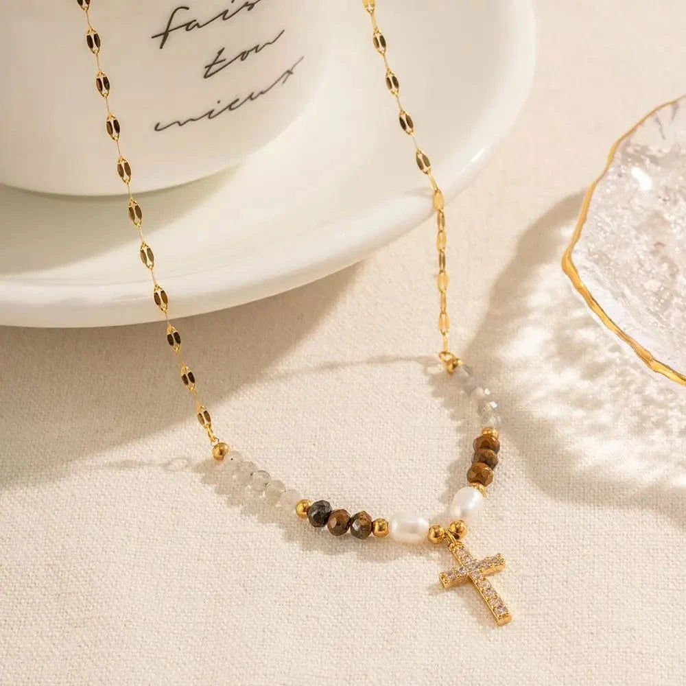 trendy / N2244 N2244 Ins Bohemian 18K Gold Plated Gemstone  Fresh Water Pearl Zirconia Cross Beaded Pendant Necklace for Girls