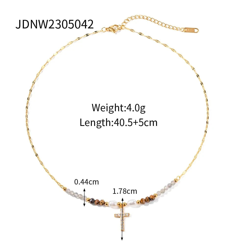 trendy / N2244 N2244 Ins Bohemian 18K Gold Plated Gemstone  Fresh Water Pearl Zirconia Cross Beaded Pendant Necklace for Girls
