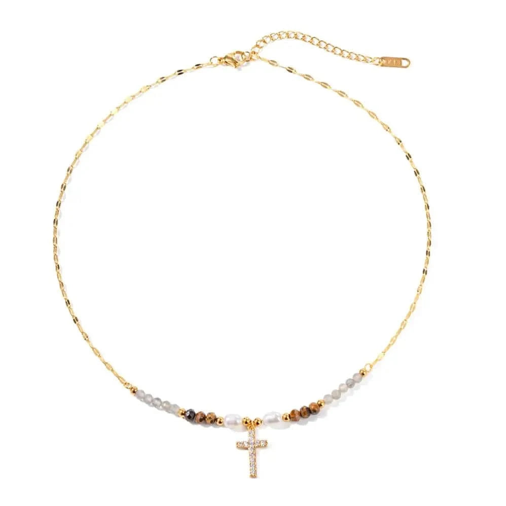 trendy / N2244 N2244 Ins Bohemian 18K Gold Plated Gemstone  Fresh Water Pearl Zirconia Cross Beaded Pendant Necklace for Girls