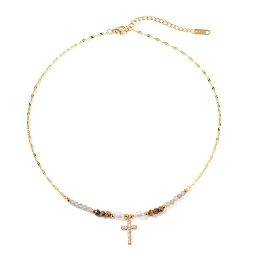 trendy / N2244 N2244 Ins Bohemian 18K Gold Plated Gemstone  Fresh Water Pearl Zirconia Cross Beaded Pendant Necklace for Girls