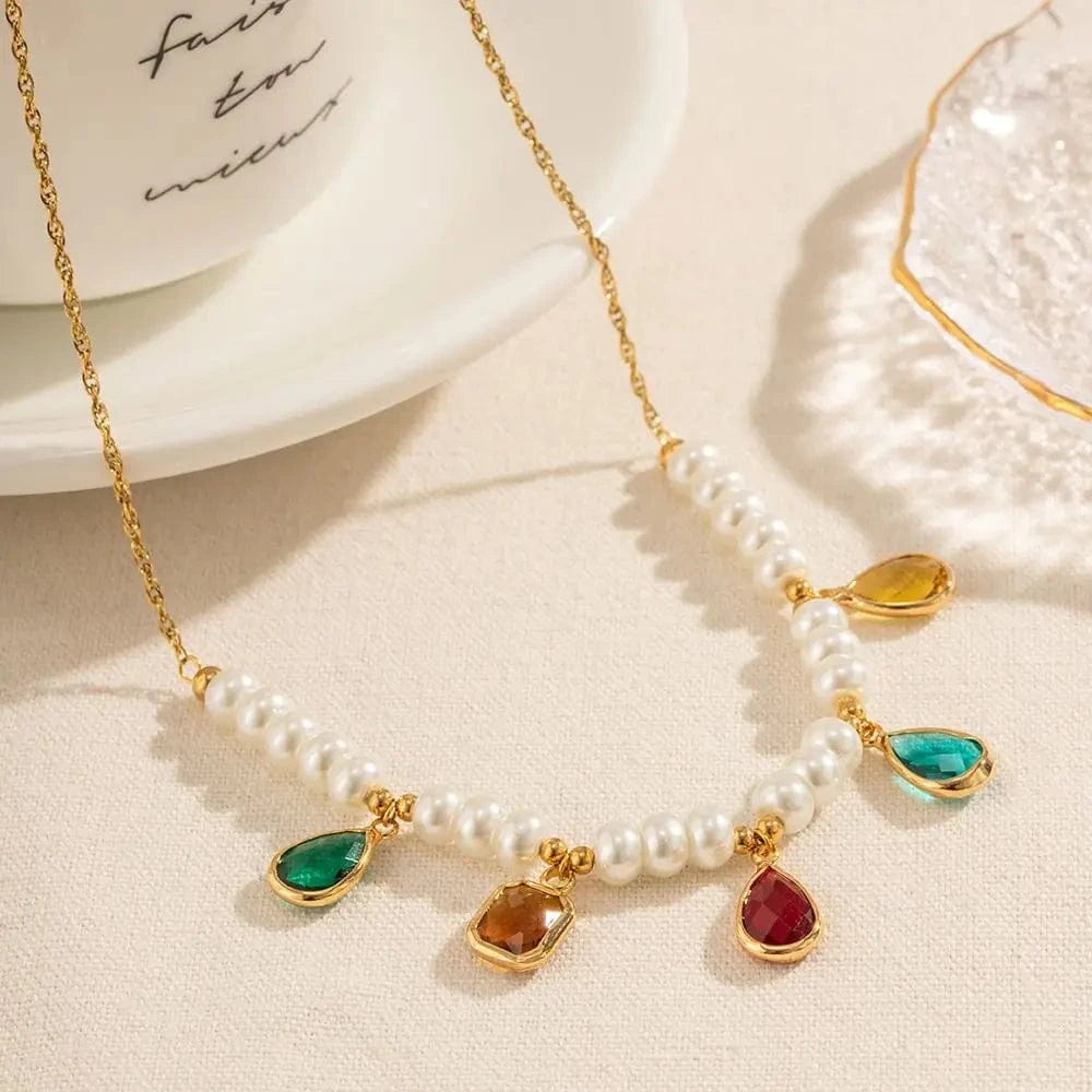 trendy / N2246 N2246 Ins Bohemian 18K Gold Plated Pearl Colorful Zirconia Beaded Tasells Pendant Necklace for Women