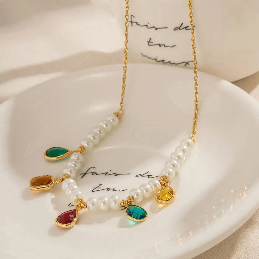trendy / N2246 N2246 Ins Bohemian 18K Gold Plated Pearl Colorful Zirconia Beaded Tasells Pendant Necklace for Women