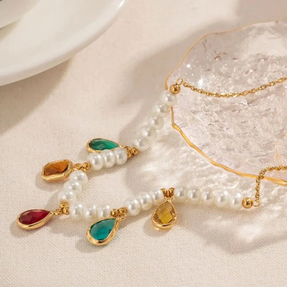 trendy / N2246 N2246 Ins Bohemian 18K Gold Plated Pearl Colorful Zirconia Beaded Tasells Pendant Necklace for Women