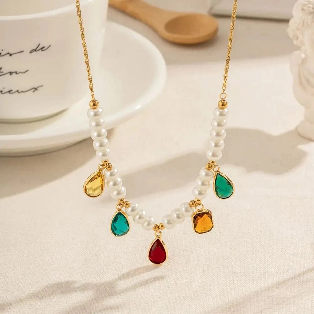 trendy / N2246 N2246 Ins Bohemian 18K Gold Plated Pearl Colorful Zirconia Beaded Tasells Pendant Necklace for Women