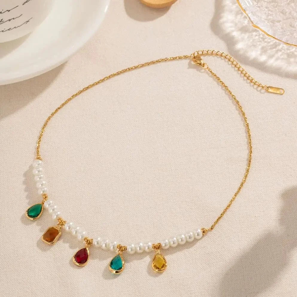 trendy / N2246 N2246 Ins Bohemian 18K Gold Plated Pearl Colorful Zirconia Beaded Tasells Pendant Necklace for Women