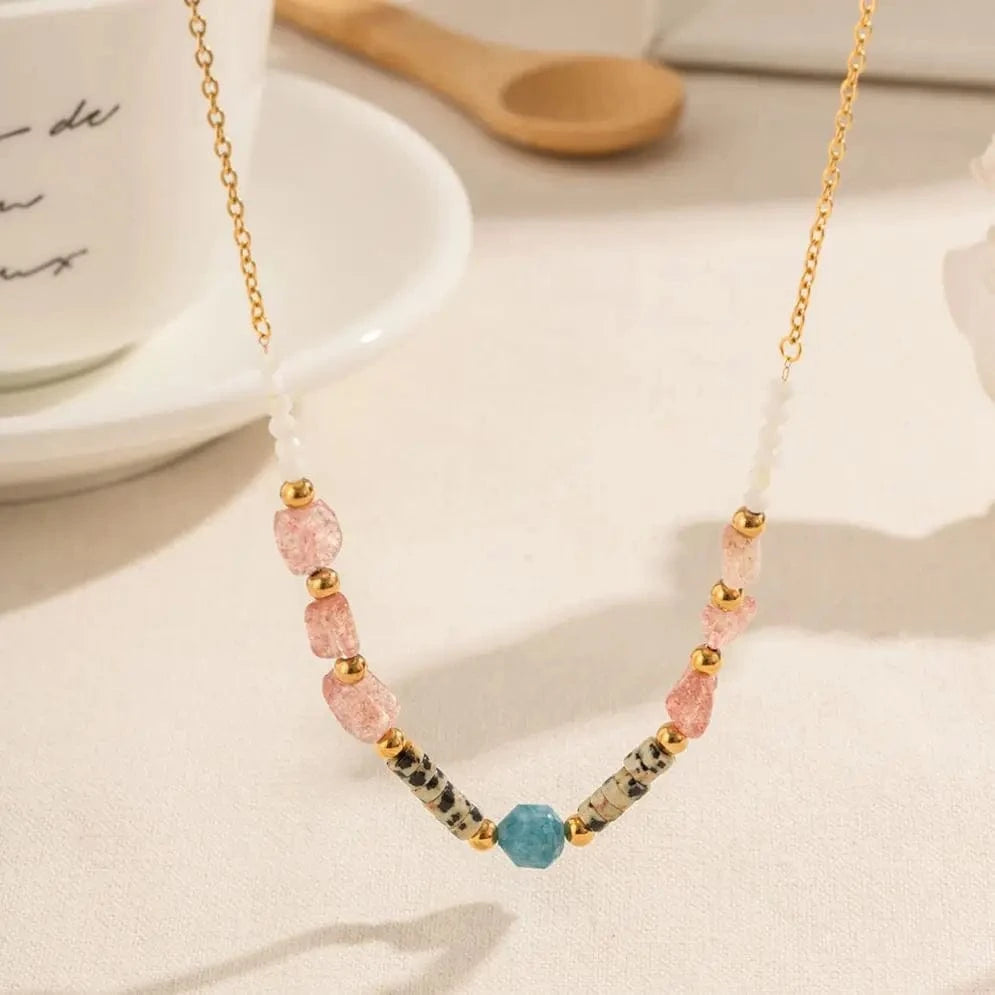 trendy / N2248 N2248 Ins Popular Bohemian 18K Gold Plated Beaded Pink Gemstone Collection Beaded Stainless Steel Necklace