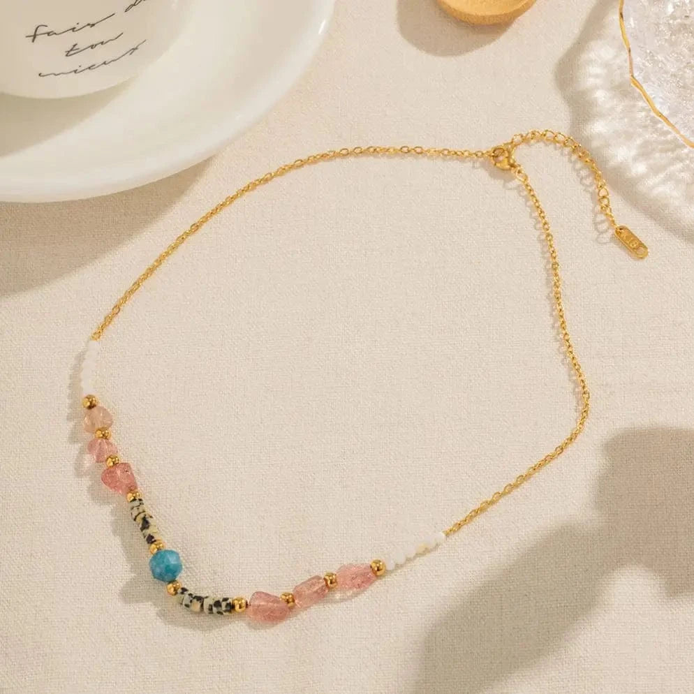 trendy / N2248 N2248 Ins Popular Bohemian 18K Gold Plated Beaded Pink Gemstone Collection Beaded Stainless Steel Necklace