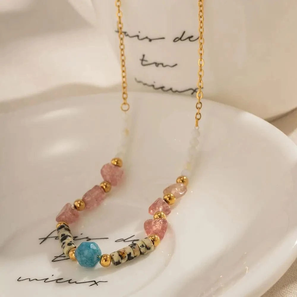 trendy / N2248 N2248 Ins Popular Bohemian 18K Gold Plated Beaded Pink Gemstone Collection Beaded Stainless Steel Necklace