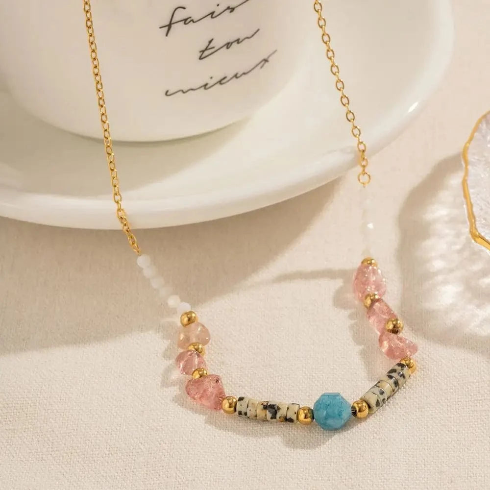 trendy / N2248 N2248 Ins Popular Bohemian 18K Gold Plated Beaded Pink Gemstone Collection Beaded Stainless Steel Necklace