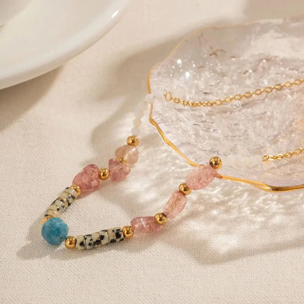 trendy / N2248 N2248 Ins Popular Bohemian 18K Gold Plated Beaded Pink Gemstone Collection Beaded Stainless Steel Necklace
