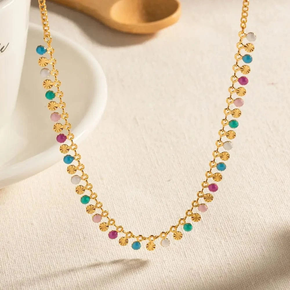 Trendy / N2253 N2253 Minimalist Link Charm Chain 18K Real Gold Plated Stainless Steel Oil Drop Disks Tassels Colorful Necklace