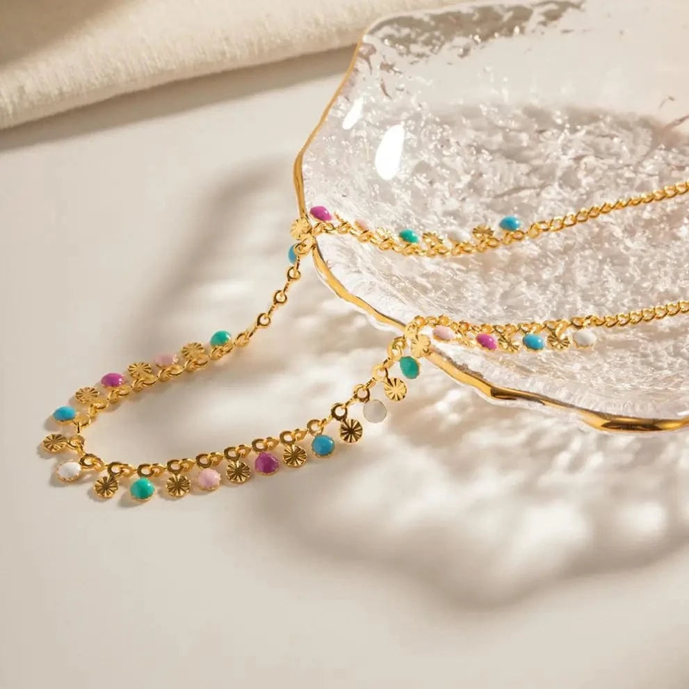 Trendy / N2253 N2253 Minimalist Link Charm Chain 18K Real Gold Plated Stainless Steel Oil Drop Disks Tassels Colorful Necklace