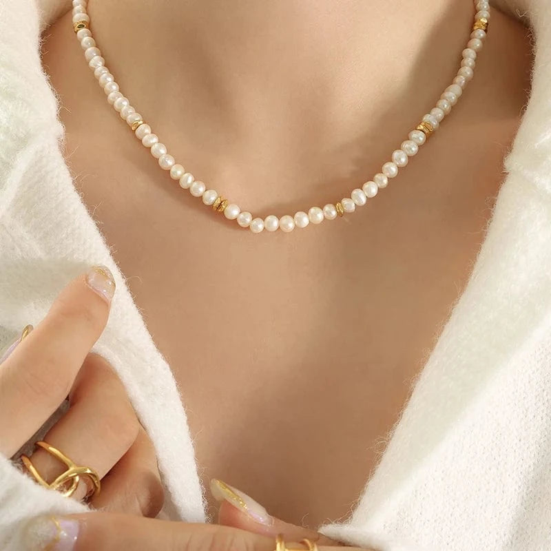 TRENDY / P1367- Gold necklace -42+7cm Factory Romantic Freshwater Pearl Necklace with Stainless Steel Jewelry Necklace