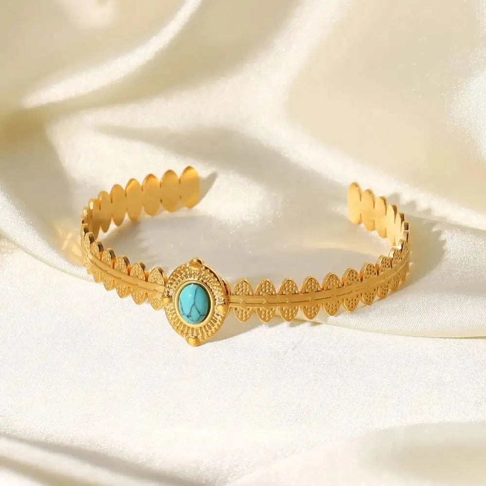 TRENDY / Picture / BR1051 BR1051 18k Gold Plated Stainless Steel Fashion Crown Shape Turquoise Opening Bracelet For Women Jewelry