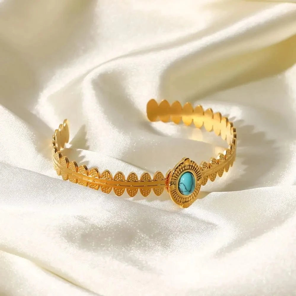TRENDY / Picture / BR1051 BR1051 18k Gold Plated Stainless Steel Fashion Crown Shape Turquoise Opening Bracelet For Women Jewelry